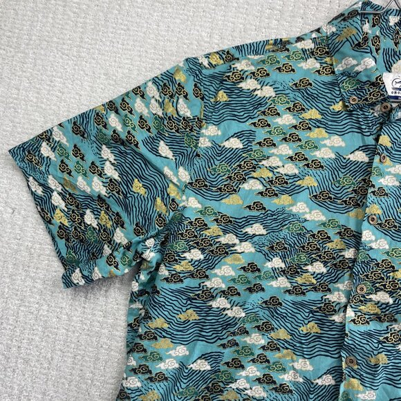 Oromen Sakura Wave Cloud AOP Golden / Blue Short Sleeve Button Up Shirt Size XXL - Picture 3 of 15